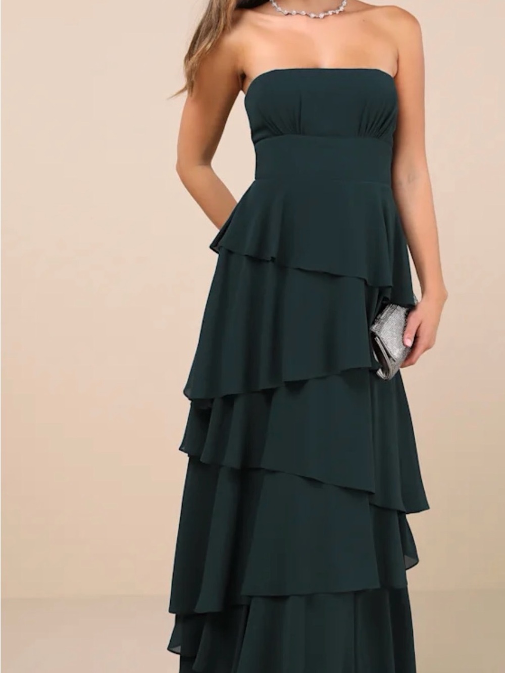 Lulus Gorgeous Essence Emerald Strapless Tiered Maxi Dress Green - Size S